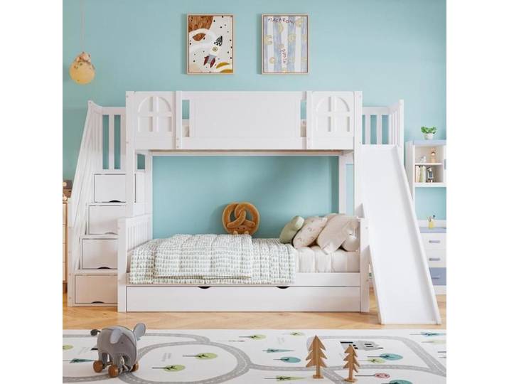 Lit superposé - KOMHTOM - Lit superposé enfant 90x200 cm - Toboggan - Escalier de rangement - Tiroirs
