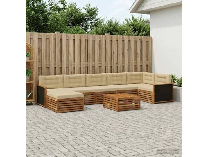 HFMDRMU Outdoor-Sofagarnitur mit Kissen 8-teilig, Akazienholz Gartenmöbel Set mit Kissen in Natur und Beige, modulares Sofa-Set Outdoor mit Lattenrücken und Armlehnen für Terrasse