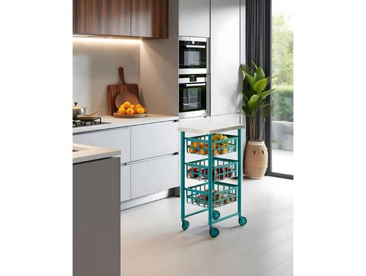 Desserte de cuisine à roulettes FIFTY-FIFTY avec 3 paniers et plateau en inox DON HIERRO. Turquoise - Inox