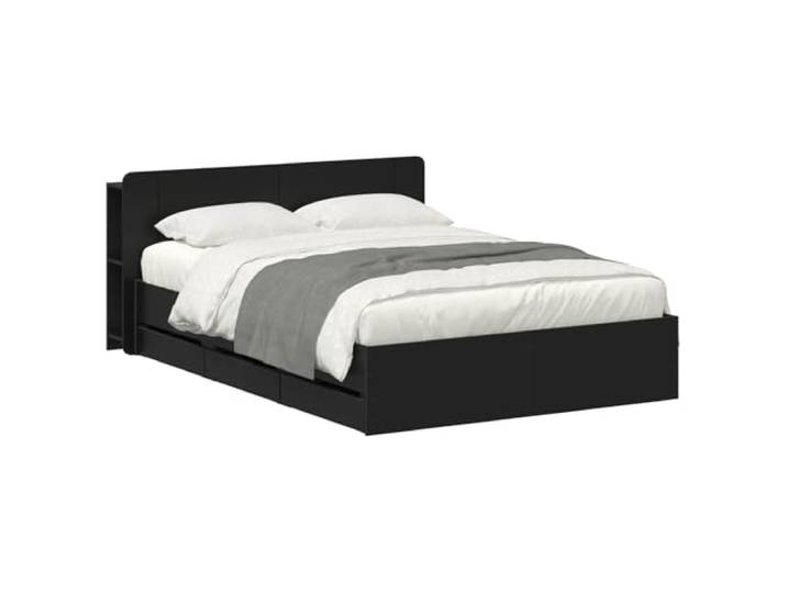 hliofuir Bettgestell mit Stauraum Schwarz 150x200cm Holzwerkstoff Stylisches Doppelbett fürs Schlafzimmer mit integrierten Schubladen und Kopfteil-Regal für praktische Platzersparnis.