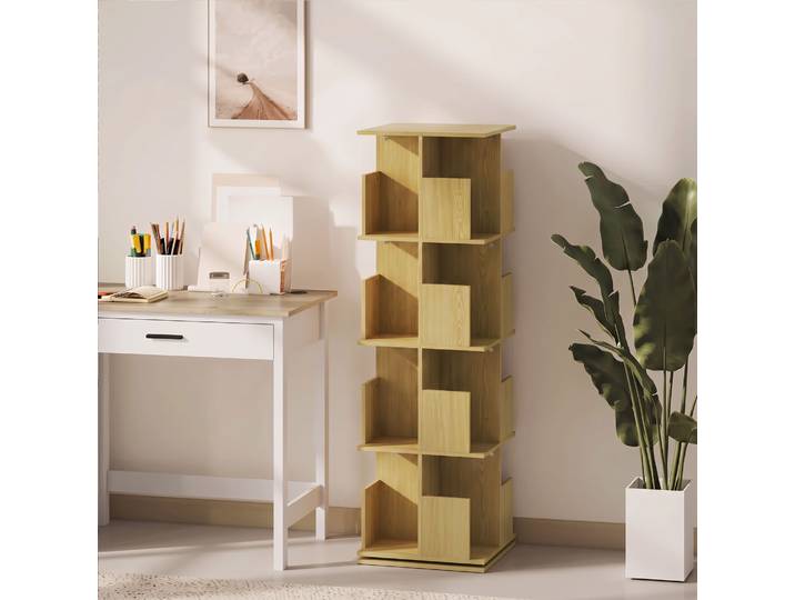 HOMCOM Bibliothèque Rotative 4 Niveaux 16 Compartiments Chêne