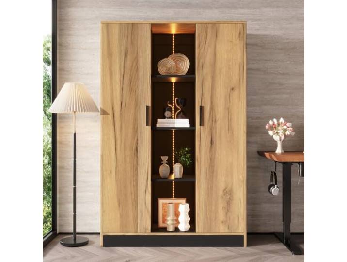 Merax Vitrine Schrank 95x35x160 cm mit LED – Holzfarbe/Schwarz