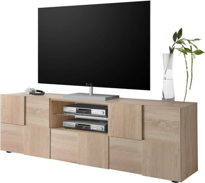 CaliCosy Dama modern TV-meubel met 2 deuren en 1 lade in beige eikenhoutlook, B: 181 cm, D: 57 cm, H: 42 cm