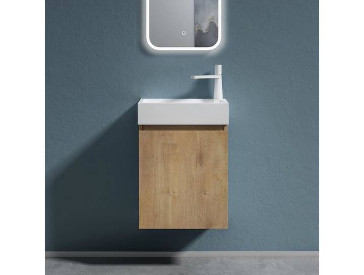doporro Petit Meuble de Salle de Bain Suspendu 46cm Aspect de Chêne Ensemble de 2 Pièces Meuble avec Lavabo Solid Surface Pisa02
