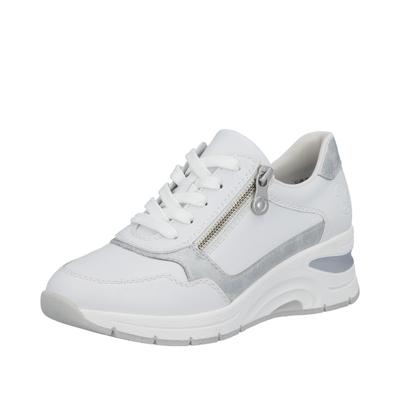 Keilsneaker RIEKER, Damen, Gr. 39, Textil, weiß (weiß, silberfarben), Leder, unifarben mit Farbeinsatz, Schuhe, Halbschuh, Freizeitschuh, Schnürschuh in schmaler Form