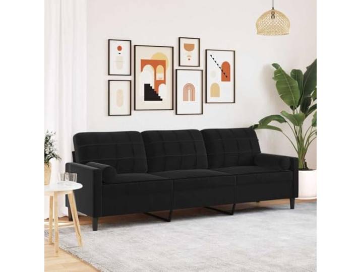 HEFZGDB 3-Sitzer Sofa 210 cm Samt Schwarz mit Zierkissen – Weiches Velours Polster Metallgestell Abnehmbare Bezüge Gemütliches Wohnzimmer Moderne Couch