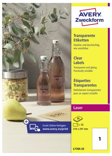Avery-Zweckform L7784-25 Folien-Etiketten 210 x 297mm Polyester-Folie Transparent 25 St. Permanent haftend Farblaserdrucker