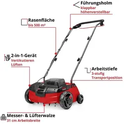 Einhell, Vertikutierer, GC-SA 36/31 Li-Solo Li-Ion Akku Vertikutierer, Rasenlüfter Einstellbarer