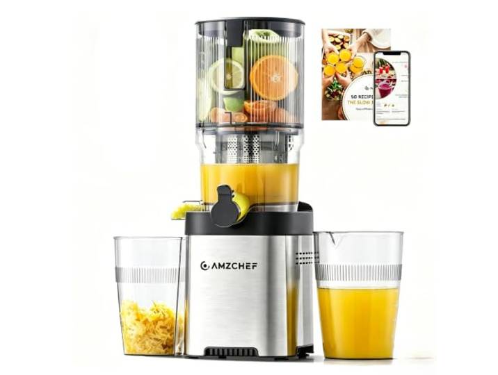 AMZCHEF Entsafter Saftpresse Slow Juicer 130mm, Leise, Leicht zu Reinigen Schnell Sauber, Gemüse & Obst Saft, Hohe Ausbeute, Trockener Trester, Leiser Lauf, Ganze Äpfel