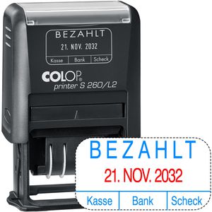 Colop Datumstempel Printer S260/L2, rot/blau, selbstfärbend, Abdruck 24 x 45 mm, Schrifthöhe 4 mm, mit Lagertext: Bezahlt