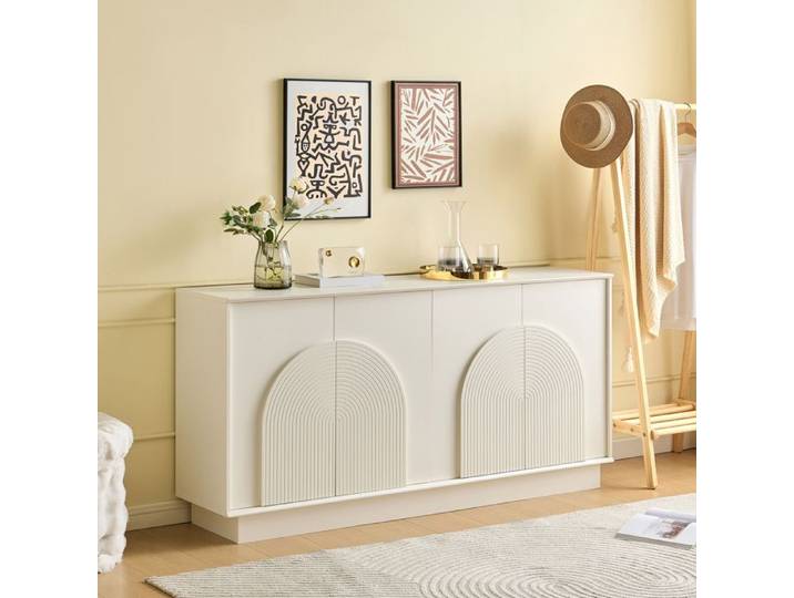 Buffet moderne 160 x 38 x 80 cm - Avec 4 portes - Décoration incurvée - MDF - Blanc