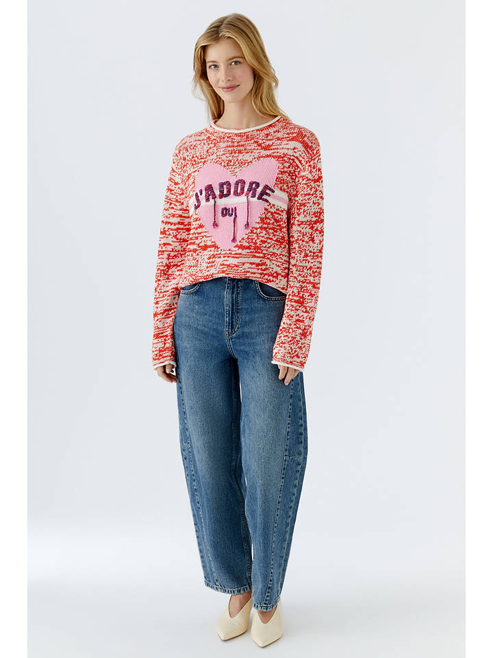 Oui Pullover in Rot/ Weiß/ Rosa - 42