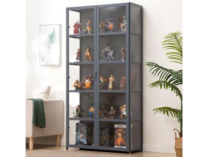 Hynbdes Acryl-Vitrine mit zwei Türen, Wohnzimmer-Vitrine, Vitrine,harte Textur, versiegelt und staubdicht, verwendet in verschiedenen Szenen (5 Schichten, grau, 42 x 33 x 161, drei Seiten transparent)