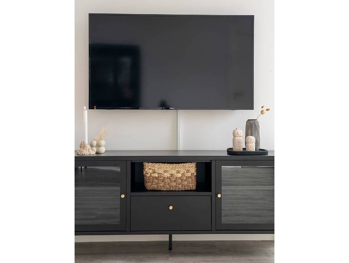Meuble TV Dalby Structure : Acier, revêtu par poudre Surface de pose : Verre transparent Noir 160 x 60 x 35cm