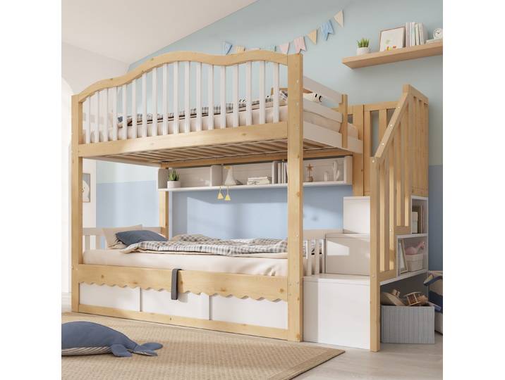 REDOM Etagenbett Design-Kinderbett – Wellenkante, Treppe & Rausfallschutz (Packung, Weiß+Eiche, 252×98×170 cm, mit H12cm Matratzen, für moderne Räume), Hydraulik-Stauraum, Sicherheit, stabil