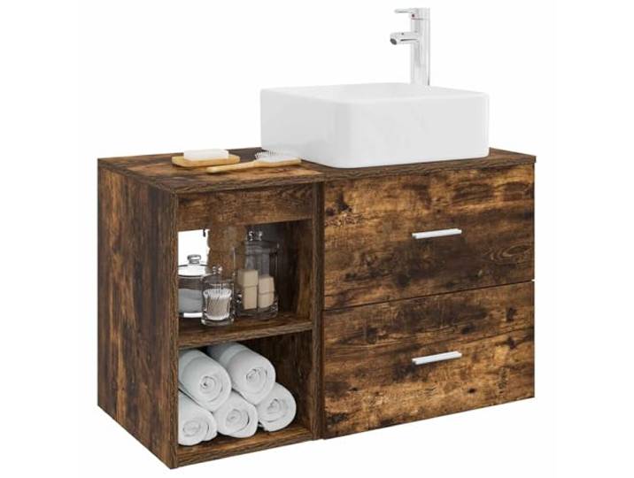 KTHLBRH Badezimmermöbel-Set 2-teilig Eiche Smoke Technisches Holz, Wandwaschbecken, 1 Schublade, 1 Regal, mit Wasserhahn