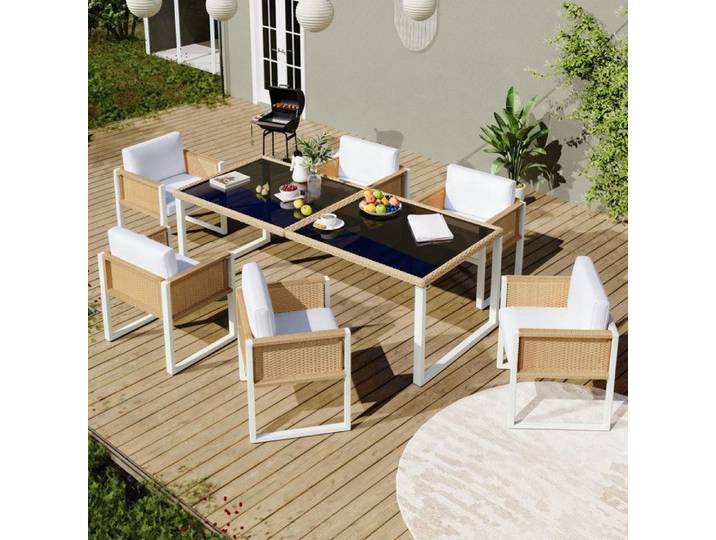 Ensemble de table et chaises en rotin - salon de jardin extérieur - ensemble de table et chaises de jardin pour 6 personnes -marron