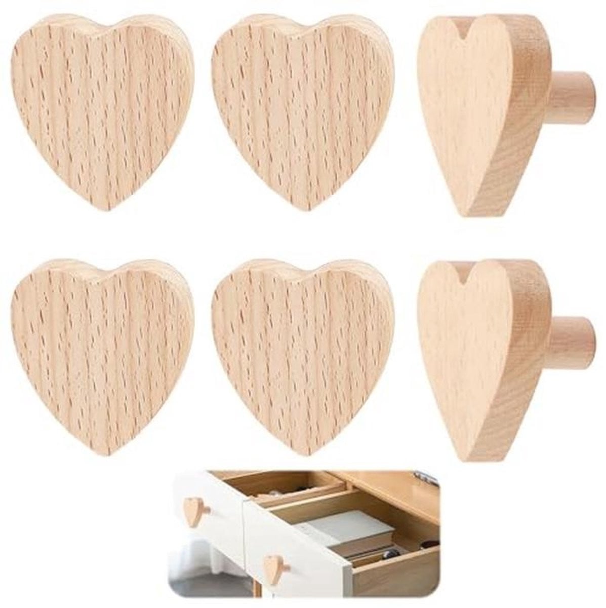 Hartvormige Kastknoppen van Massief Hout - 6 Stuks