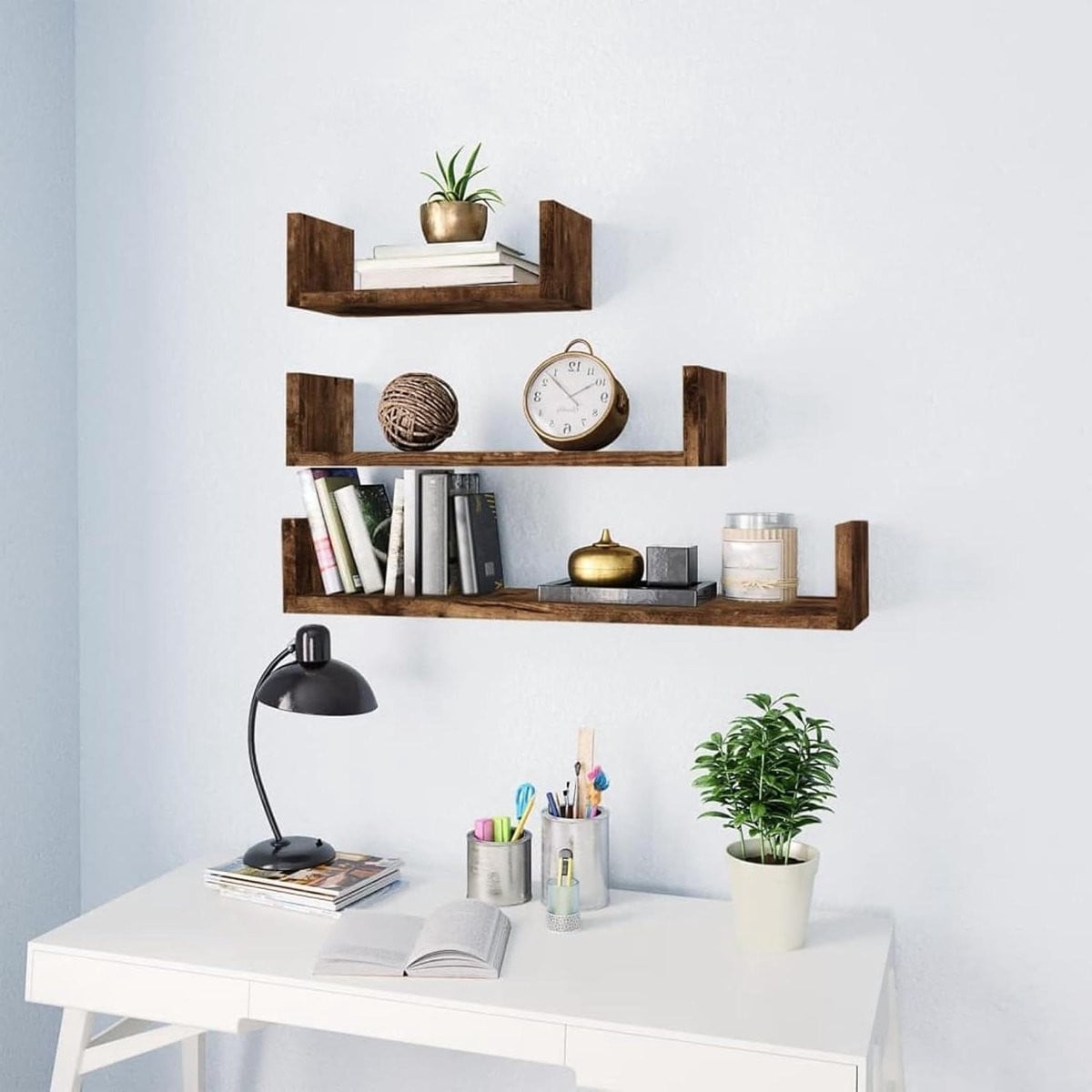 Set van 3 zwevende wandrekken in eiken met U-vormig ontwerp, 655 cm