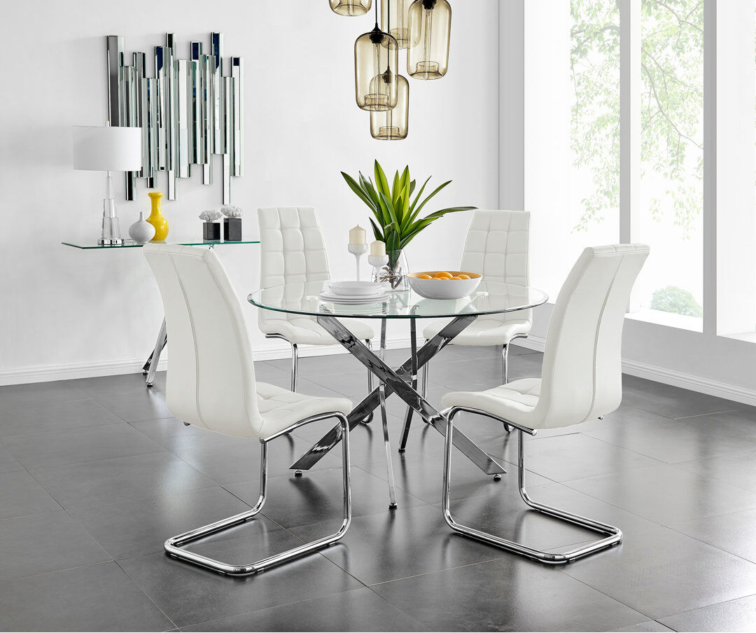 Canora Grey Tierra Modern Chrome Metal & Glass Round Dining Table Set with 4 Modern Faux Leather Chairs White 4