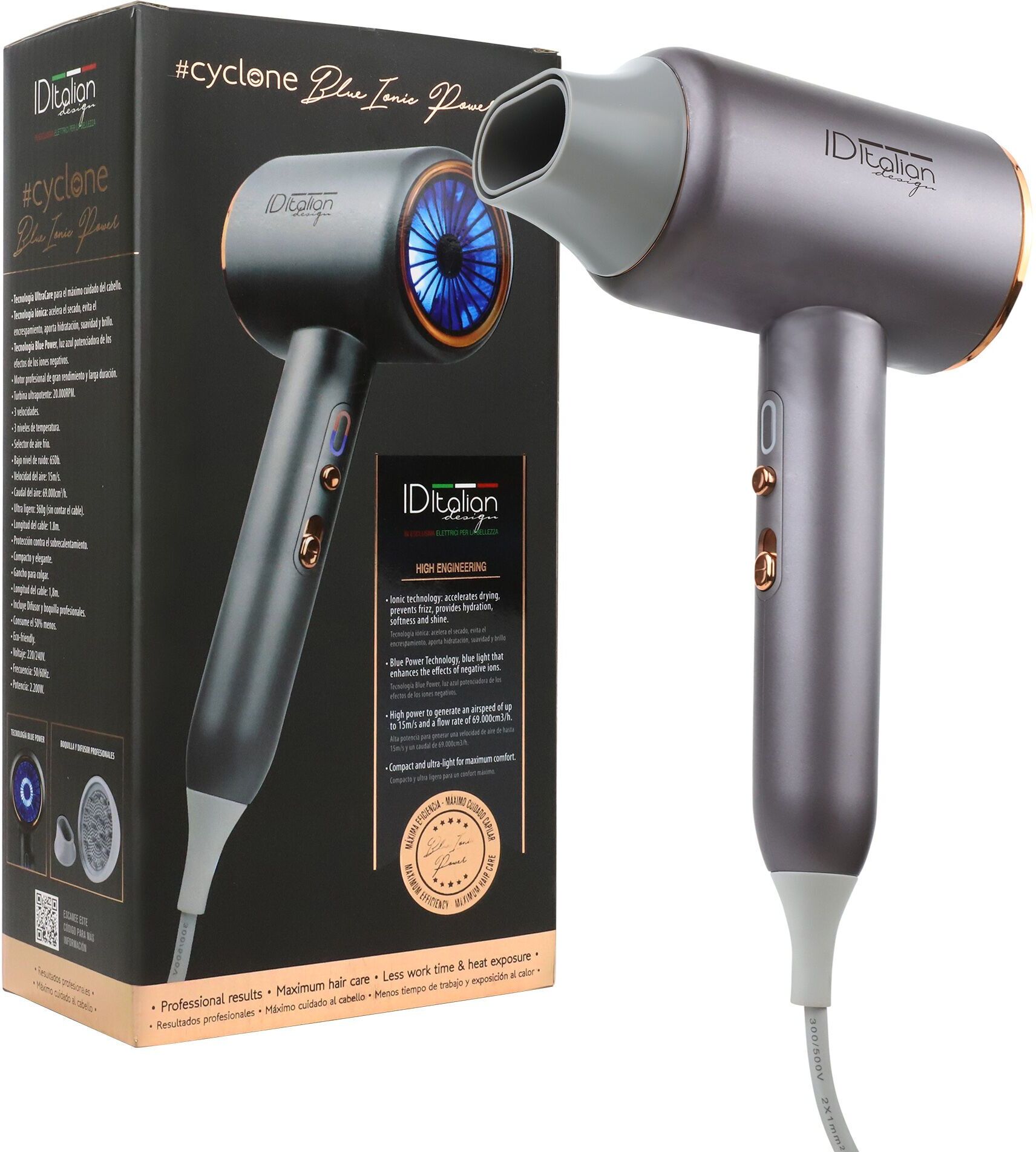 Italian Design Cyclone Blue Ionic Power Hårtork   silver