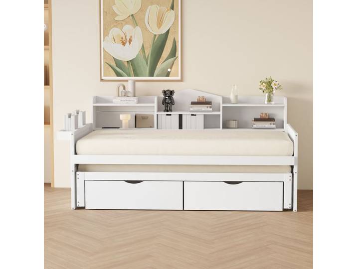 Lit banquette 90x200 blanc avec lit gigogne 90x190 tiroirs et prise USB