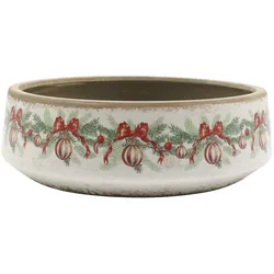 Chic Antique Steingut Tablett Schale mit Weihnachtskugel und Schleife, H 10 cm x Ø 30 cm - Creme