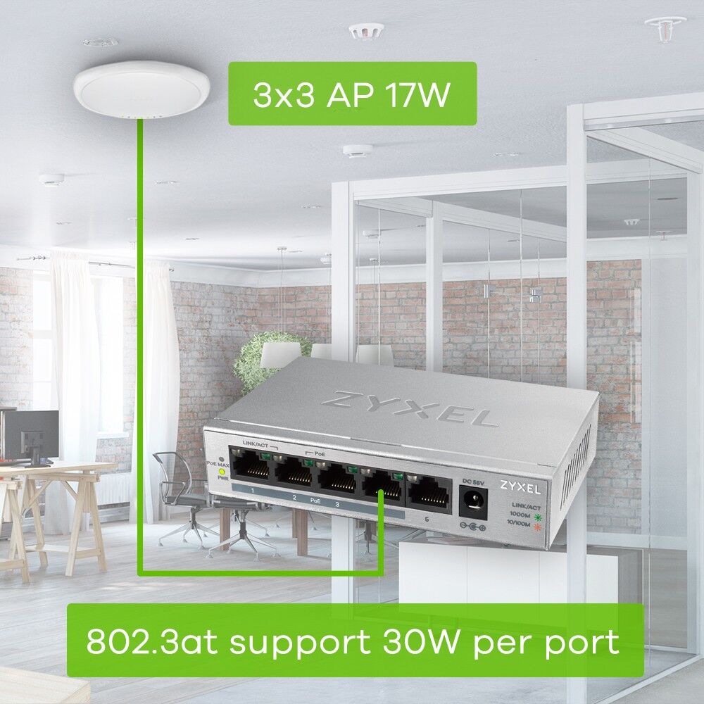 Zyxel GS1005HP 5-Port Gigabit Unmanaged PoE+ Desktop Switch, 60W PoE Budget (GS1005HP-GB0101F)