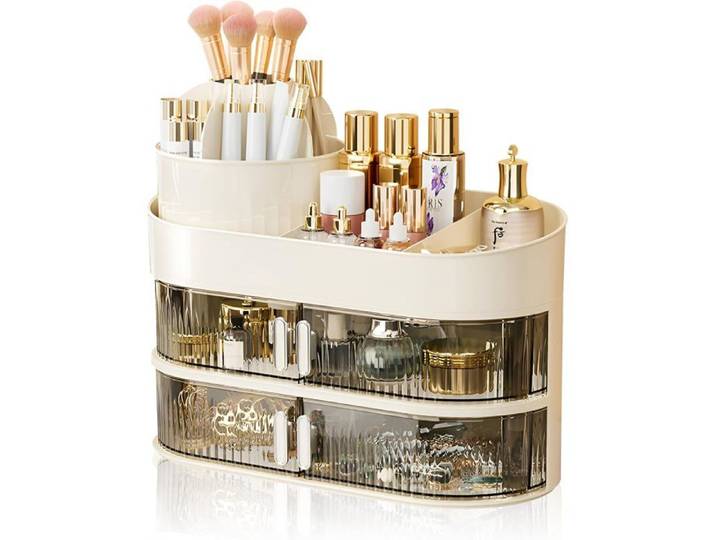 Coiffeuse organisateur maquillage grande capacité 2 tiroirs PET porte-brosses rotatif chambre salle de bain
