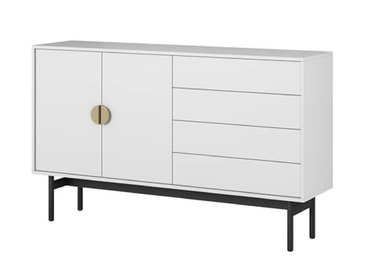 Selsey Kommode Aufbewahrungsschrank 2 Türen 4 Schubladen Schrank Schubladenschrank Push to Open 154 cm Stoon Weiß