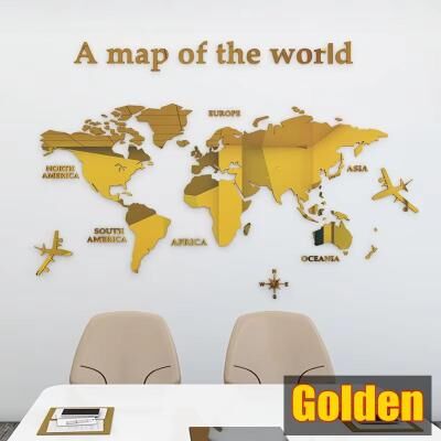 Inspired Finds 3D Acrylic World Map Wall Sticker Crystal Mirror Travel Decor golden l 70.87x39.37in