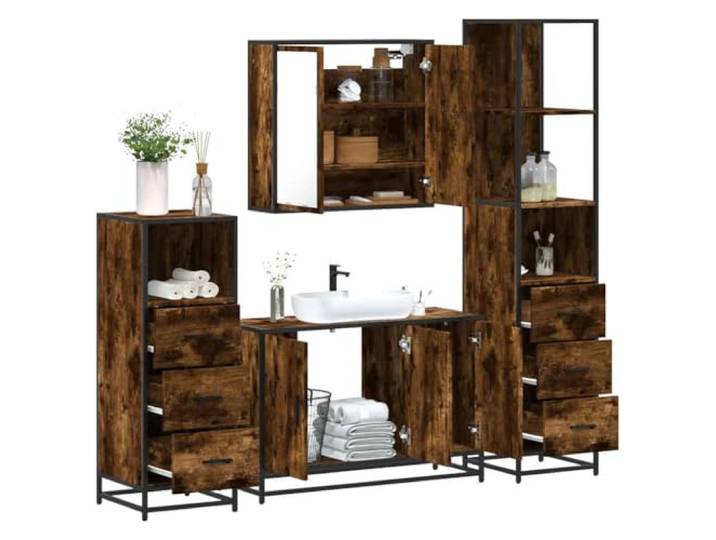 ZQQLVOO 4-TLG. Badmöbel-Set Räuchereiche Holzwerkstoff Metallgestell, Lowboard, Waschbeckenunterschrank, Spiegelschrank, Wandmontage, Stauraum, Bad