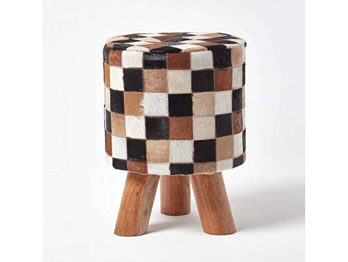 Homescapes Designer Sitzhocker Fußhocker braun Patchwork Schemel Velours Lederhocker mit echten Ziegenfell Flicken und Holzbeinen