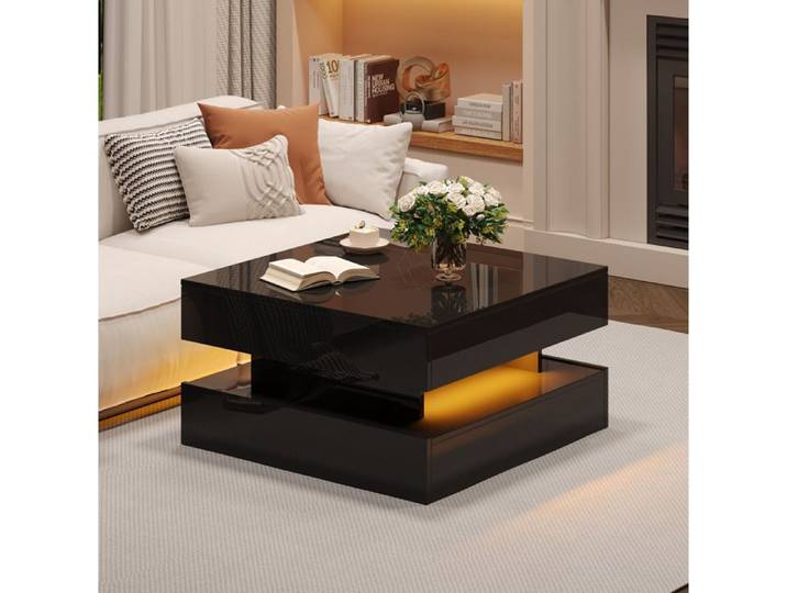 Table Basse Carree Noire Brillante Table Relevable LED FloraGrace Pour Salon Avec 2 Tiroirs Et Rangement Cache 65x65x38 5cm