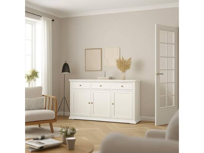 Dmora - Kommode Frederique, Wohnzimmerbuffet, Wohnzimmer-Sideboard, Moderne Küchen-Speisekammer, 144x46 h92 cm, Weiß