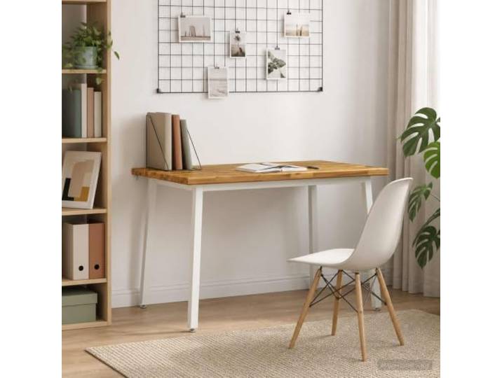 Esstisch, rechteckig, 120 x 70 x 75 cm, Akazienholz, massiv, Weiß Weißes Finish, natürliche Maserung des Holzes sichtbar, Beine aus verzinktem Stahl, modernes Design, Verwendung im