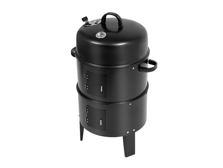 Barbecue fumoir multifonction 3-en-1 en fer détachable avec thermomètre et deux bacs à charbon émaillés, pour fumer et braiser en extérieur et en intérieur, idéal pour pique-nique et camping