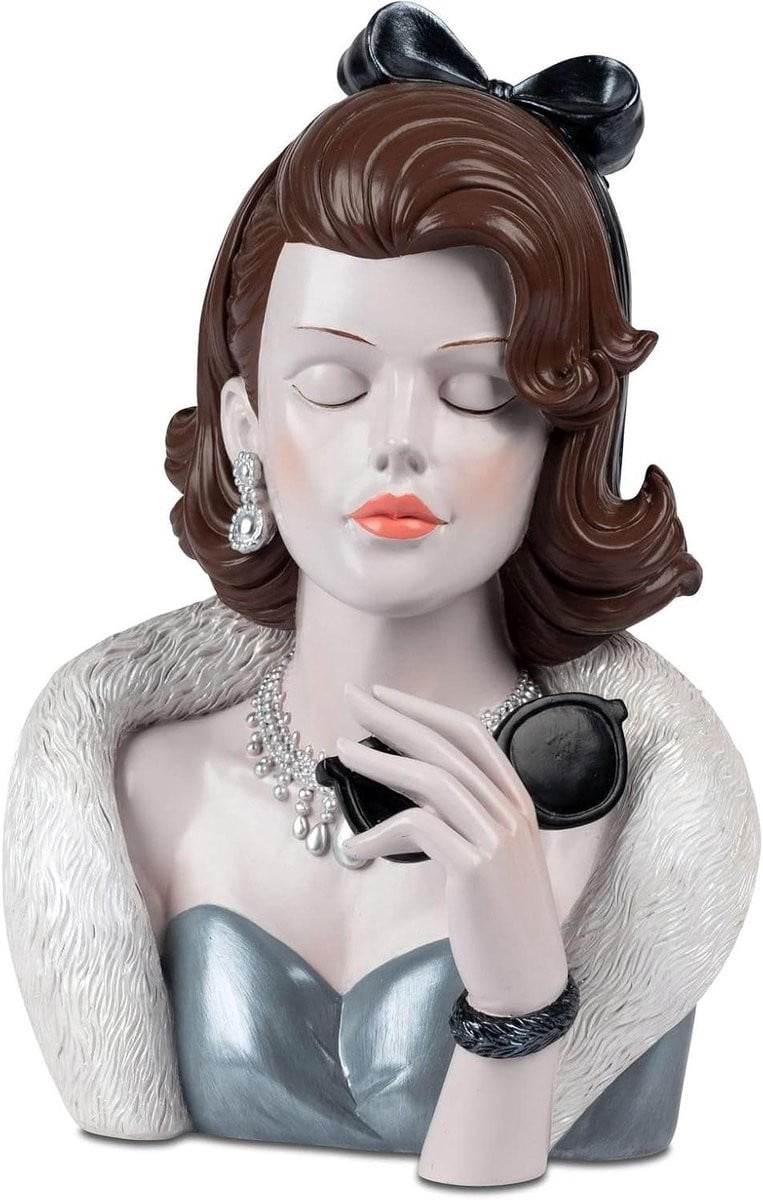 Formano Decoratieve buste voor dames met strik en zonnebril, handbeschilderde vrouwenfiguur in Audrey-stijl, Hoogte: 28 cm