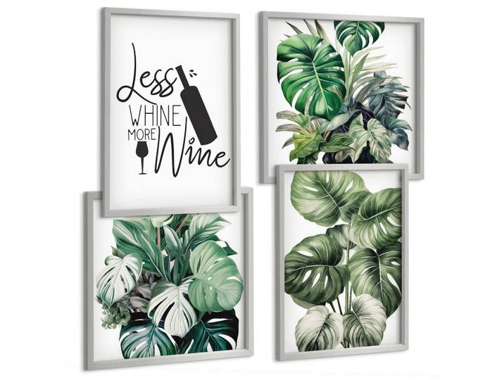 Tulup Bilder SET 4er Set - 50x50 cm & 40x60 cm Silberner Rahmen - Grüne Weinblätter, Silberfarben, Kunststoff, Rechteckig, 50x50 cm, einfache und schnelle Anbringung, Bilder & Rahmen, Bilder