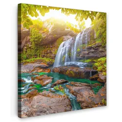 LEINWANDBILD Natur - Wasserfall - Pflanzen - Bäume - Sonne Wandbild Wohnzimmer 50x50 cm