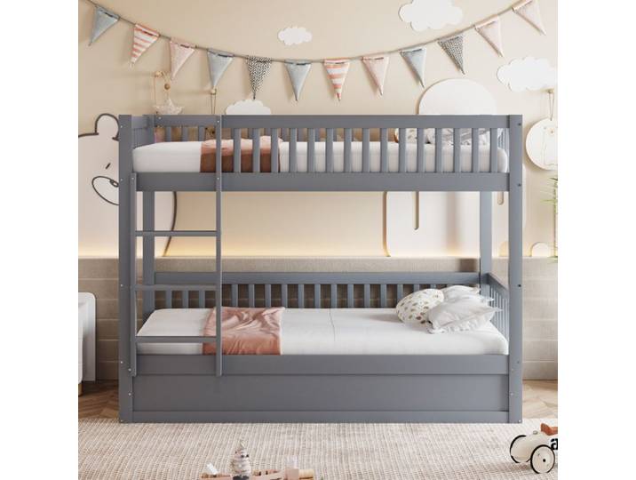 Lit superposé 90x200 cm - Lit coffre pratique pour enfant avec barrière de sécurité fiable - design sobre - Sans matelas - Gris