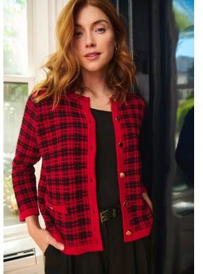 Plus Size Women's Stitch Lady Cardigan by Jessica London in Red Jacquard Plaid (Size S)