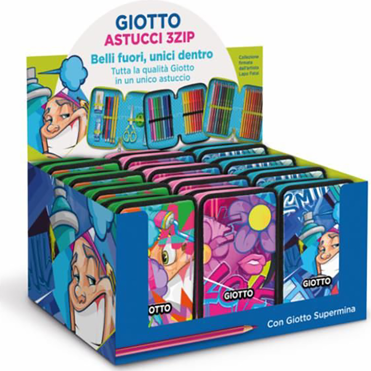 Giotto F953900, Hartschalenetui für Stifte, Mehrfarbig, Abbildung, Drinnen, Junge/Mädchen, Reißverschluss