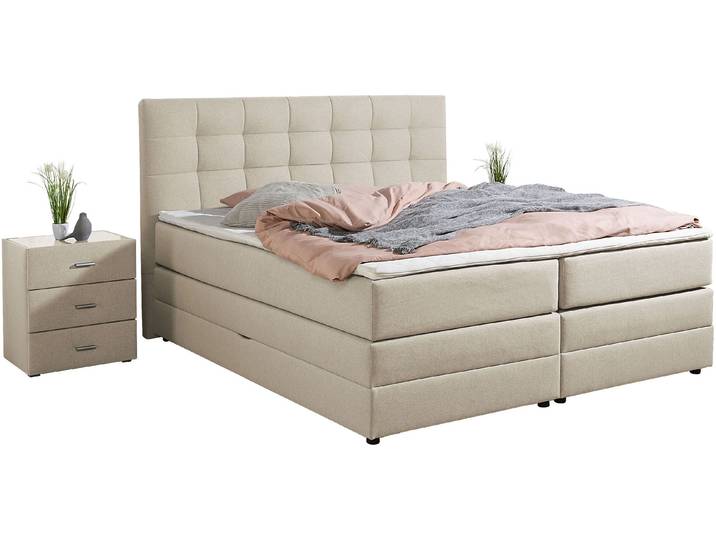 Boxspringbett, Beige, 194x211 cm, Strukturstoff, Bettkasten & Topper, Modern