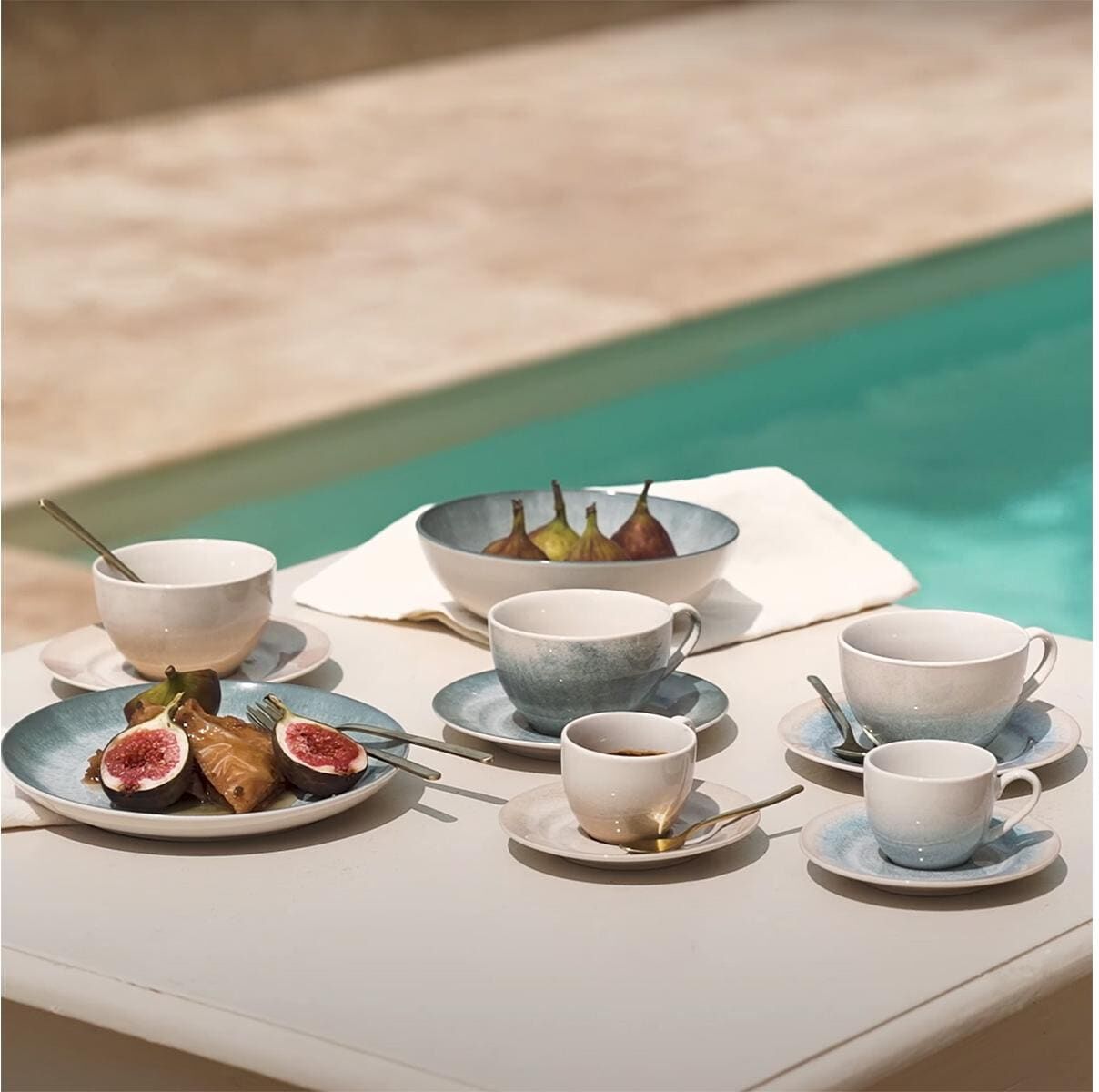 Tasse "Lunasol Elements Vulcano Sand la brise 8-tlg.", weiss (blau, sand), 220ml, Steingut, Trinkgefässe, Tasse blau, sand 220ml