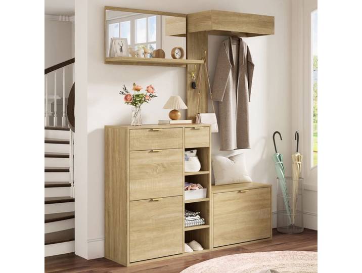 Ensemble vestiaire d'entrée - ZEVKOR - 130×30×174 cm - 4 pièces - 2 tiroirs - Aspect bois naturel