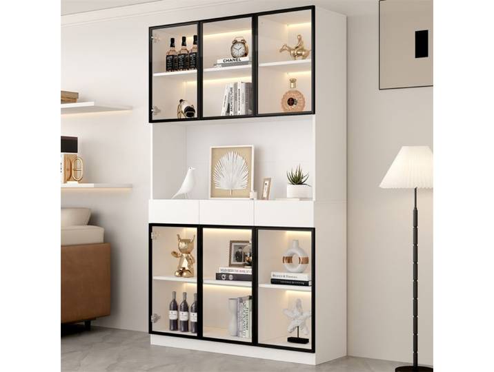 DRIPEX Vitrine Blanche avec lumière LED Vitrine avec portes et tiroirs étagères de rangement 120×36×200cm