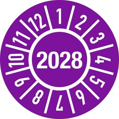 Dreifke® Prüfplakette Jahr 2028 mit Monaten, Dokumentenfolie, Ø 20 mm, 10 Stück/Bogen