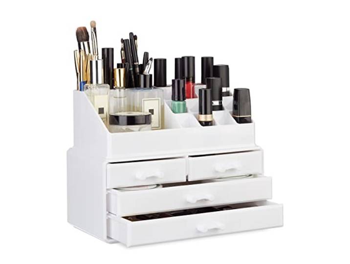 Relaxdays 2x Organiseur cosmétiques\, 2 parties chacun\, boîte rangement maquillage\, acrylique\, porte-crayons\, tiroirs\, blancs