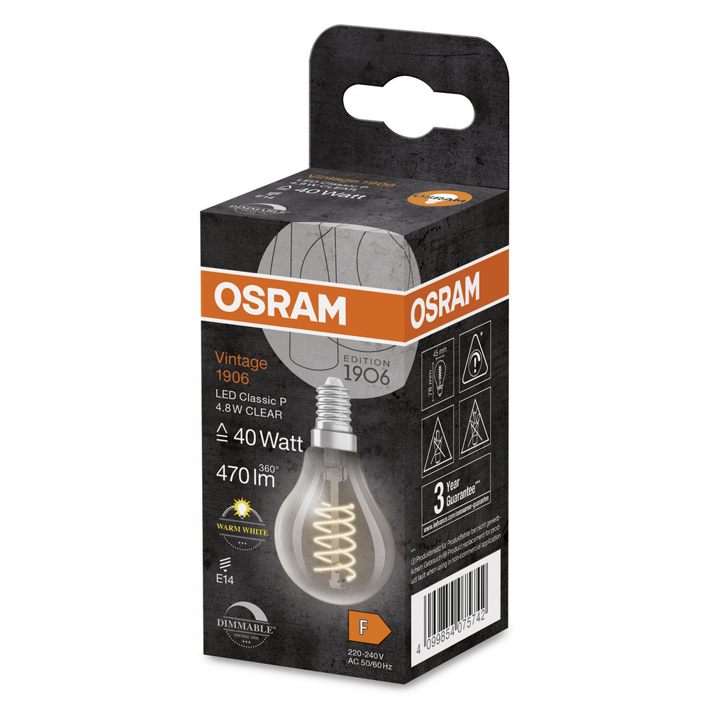 Osram LED Filament CL P 40 LED lamp, 4,8W/827, E14, helder